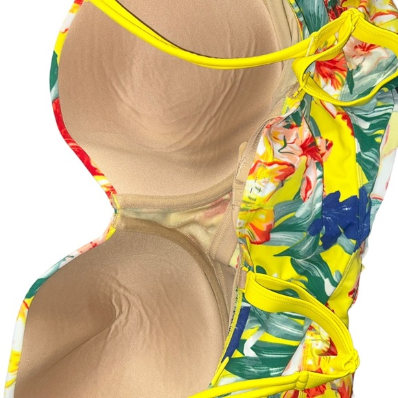 Cacique swim yellow floral tropical ruffle bikini tankini swim top 40DDD - Picture 3 of 4